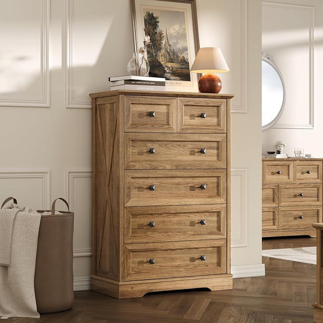 FFBCFDK Farmhouse 6 Drawers Dresser Chests for Bedroom, Rustic 6 Chest of Drawers, Wood Dressers Organizer for Closet, Modern Storage Organizer Cabinet for Living Room, Hallway, Entryway, Natural Oak