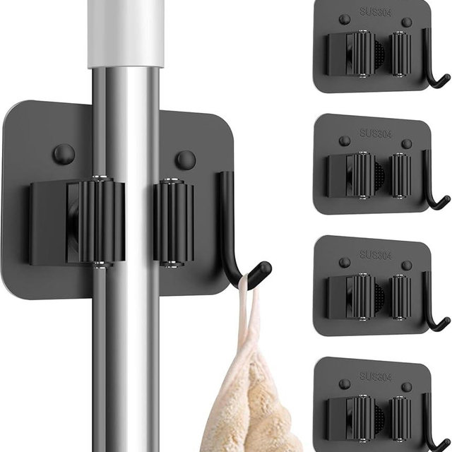nacena Broom Holder Wall Mount, 4 Packs Black Stainless Steel Mop and Broom Hanger with Hooks Heavy Duty Broom and Mop Organizer Wall Hanging for Bathroom