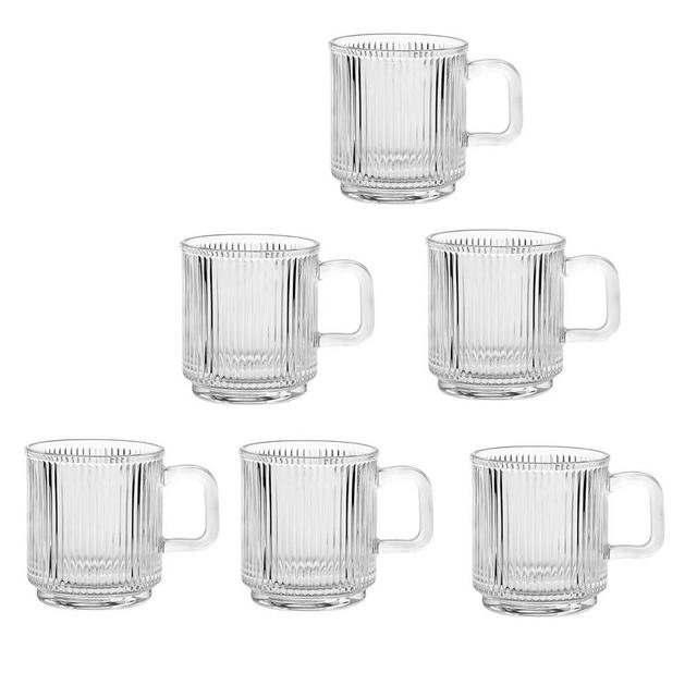 Glass Coffee Mugs with Handle 6 PACK, 12 OZ Classic Vertical Stripes Glass Coffee Cups, Transparent Glass Tea Cup for Hot/Cold Beverages, Glassware Set for Americano, Latte, Cappuccino (6)
