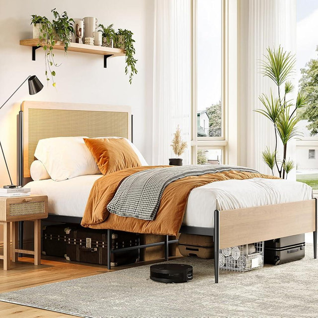 GAOMON Queen Bed Frame with Rattan Headboard, Boho Style Platform Bed Frame with Underbed Storage, Mattress Foundation Easy Assembly No Box Spring Needed