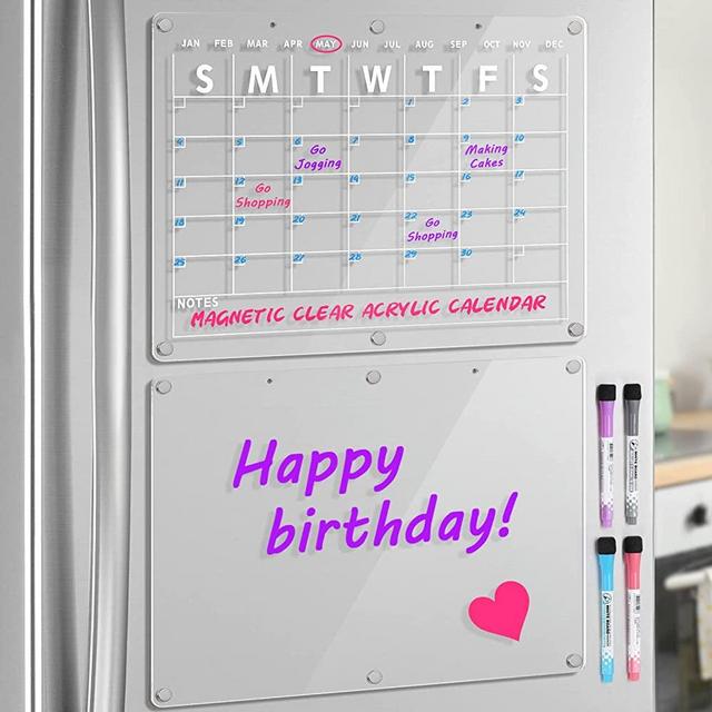 Acrylic Magnetic Dry Erase Board Calendar for Fridge 2 Set, 16.5"x12" Inch Clear Dry Erase Calendar for Refrigerator, Acrylic Planner Calendar Includes 4 Colors Magnetic Dry Erase Markers with Eraser