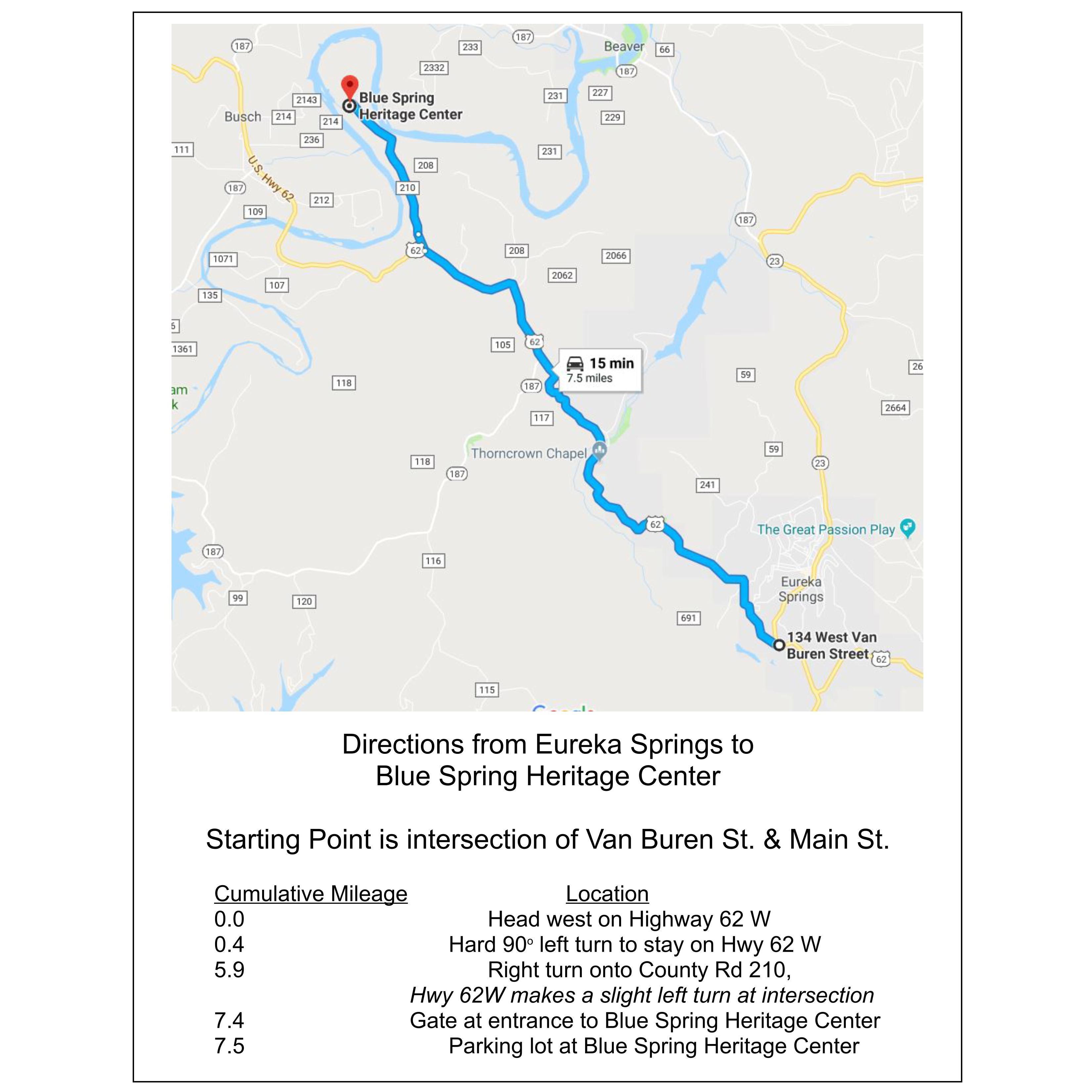 Directions from Eureka Springs to Blue Spring Heritage Center for screen capture