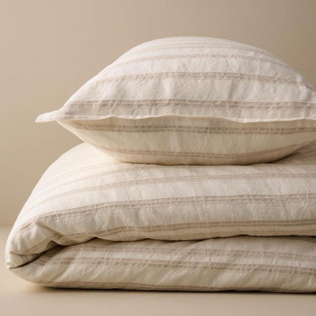 Embroidered Stripe Linen Cotton Duvet Cover - Oatmeal