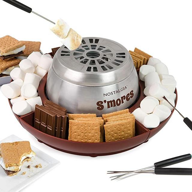 Nostalgia Indoor Electric Stainless Steel S'Mores Maker with 4 Lazy Susan Compartment Trays for Graham Crackers, Chocolate, Marshmallows and 4 Roasting Forks, Brown