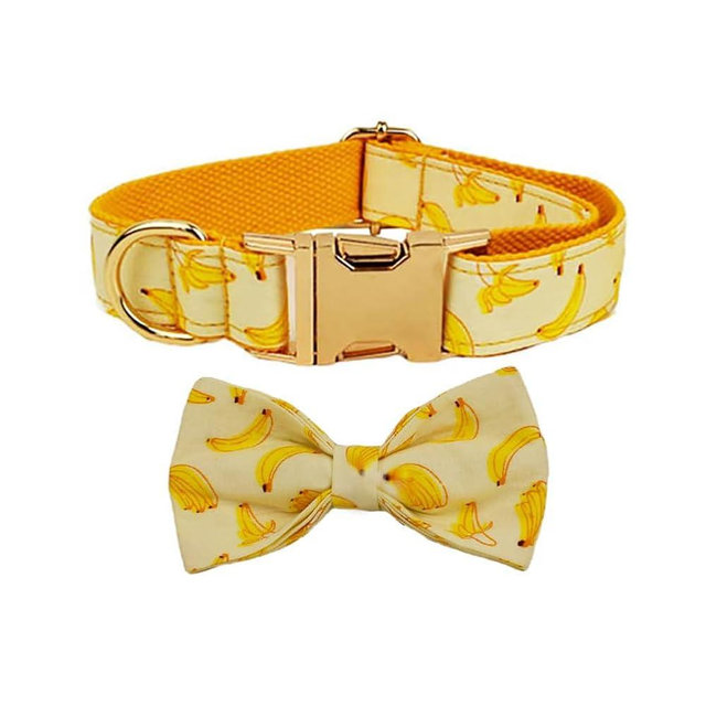 Dog Collar with Bow Tie, Cute Fruit Patterns Spring Summer Fall Soft &Comfy Cotton Bowtie Cat and Dog Collars with Metal Buckle Pet Gift for Small Medium Large Boy Girl Dogs (Banana, Large)