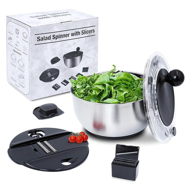 Jikoni Yetu Stainless Steel Salad Spinner Large 5.28Qt - Salad Spinners Best Rated For Home Kitchen Washing - Fruit Washing Bowl With Strainer - Includes Vegetable Slicer.