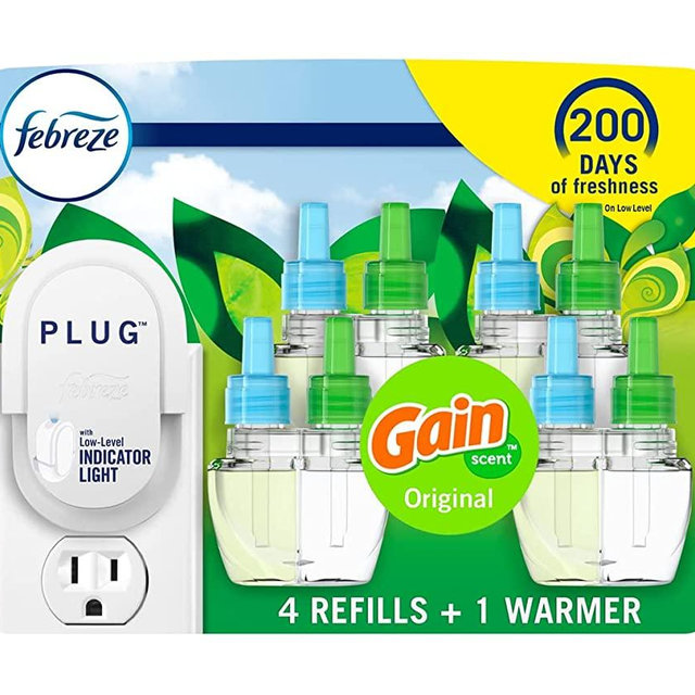 Febreze Plug in Air Fresheners, Gain Original Scent, Odor Eliminator for Strong Odors, 1 Warmer + 4 Oil Refills