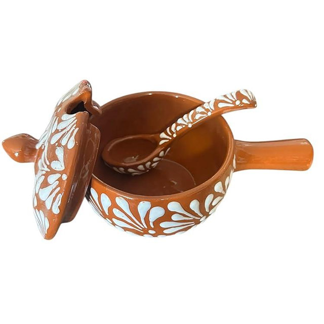 Brown Talavera Style Ceramic Salsa Bowl with Lid and Spoon – 9” Handled Serving Dish – Handmade Mexican Pottery