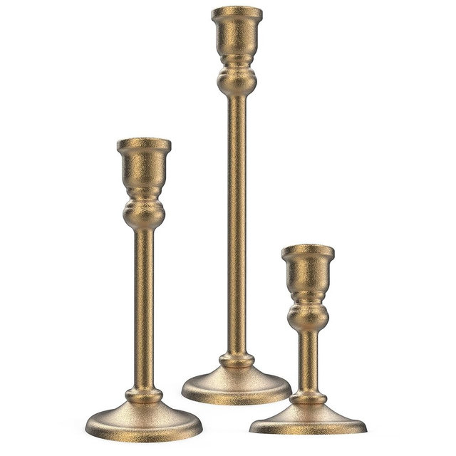 Desami 3-Piece Metal Candle Holders Set - Heavy Duty Alloy Taper Candlesticks for Table Centerpiece, Christmas, Dinner Party, Vintage Home Decor - 5-7.5 -10.3Inch Tall, Antique Gold Finish (Gold)