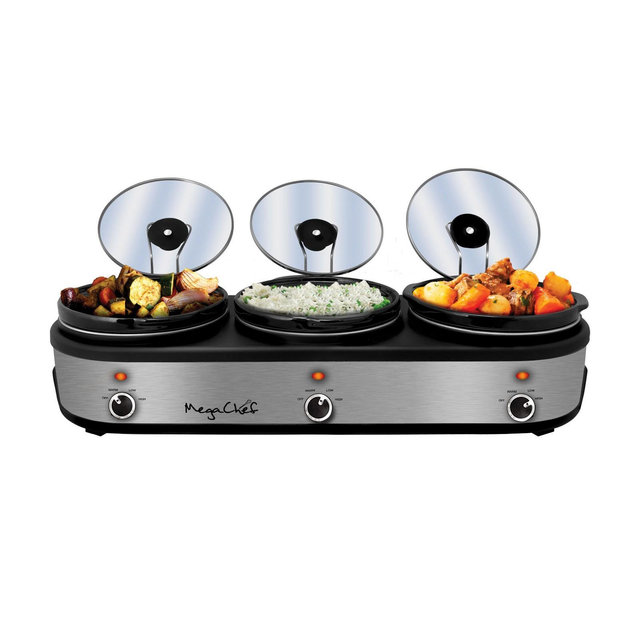 MegaChef Triple 2.5 Quart Slow Cooker and Buffet Server in Brushed Silver and Black