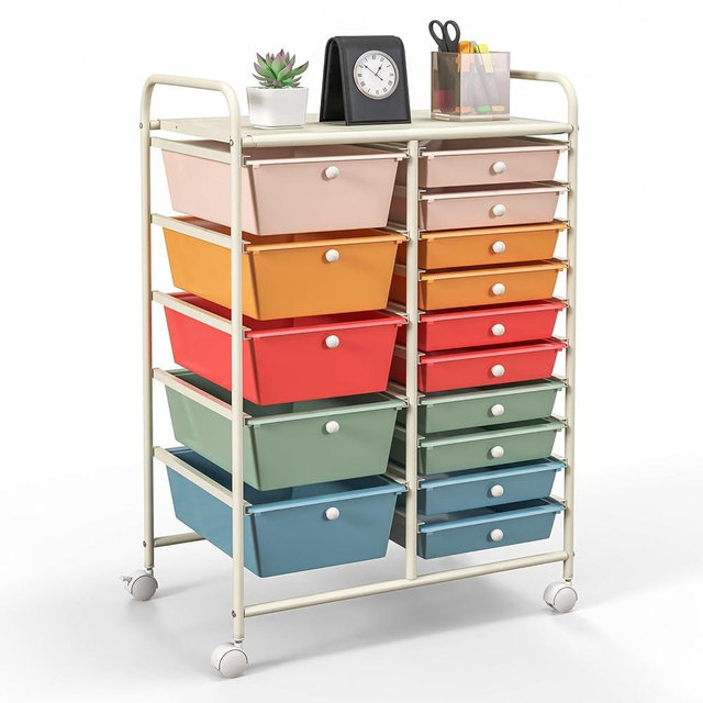GOFLAME 15-Drawer Rolling Storage Cart, Multipurpose Movable Organizer Cart, Utility Cart for Home, Office, School, Macaron Color