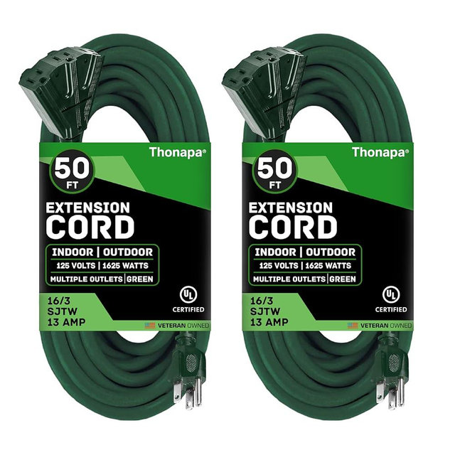 Thonapa 2 Pack 50 ft Green Outdoor Extension Cord 3 Outlet Pigtail - 16/3 SJTW Weatherproof Outdoor Extension Cord with Multiple Outlets 3 Prong, Exterior Electrical Cable 50ft for Landscaping & Lawn