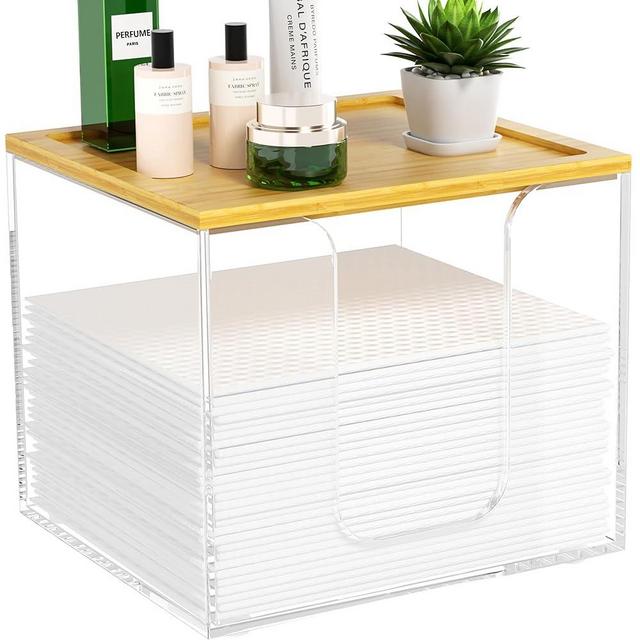 VITVITI Disposable Face Towel Holder Box, Acrylic Facial Towel Container for XL Clean Skin Club, Large Disposable Face Towel Storage with Bamboo Lid, for Bathroom, Vanity Makeup, Clear