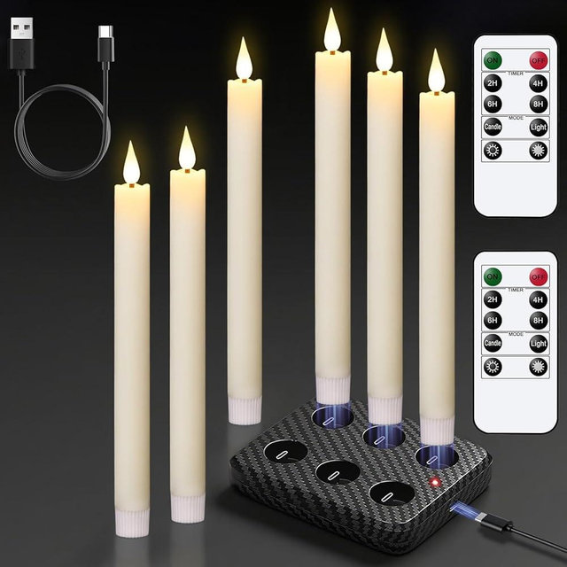 GenSwin Rechargeable Flameless Taper Candles with Charging Base, 6 Pack LED Candles Battery Operated with Remote Timer, Real Wax Flameless Candlesticks for Halloween Christmas Decorations(Ivory)