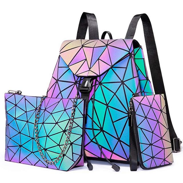 Geometric Luminous Purses and Handbags for Women Holographic Reflective Bag Backpack Wallet Clutch Set