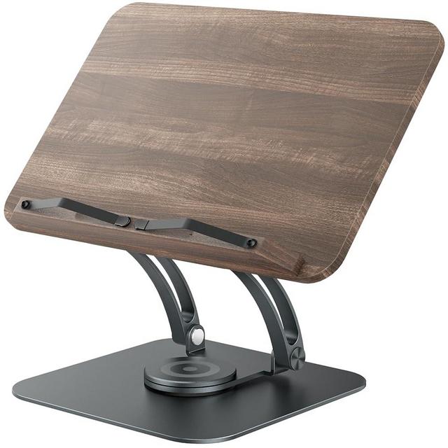 Tounee Book Stand for Reading, Adjustable Book Holder with 360° Swivel Base, Foldable Cookbook Stand Recipe Book Holder with Elastic Page Clips for Music Scores, Recipe, Tablet, Laptop-Gray