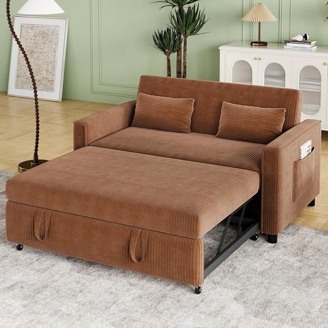 ECHINGLE Pull Out Couch,Corduroy Convertible Sofa Bed,Pull Out Sofa Bed with 3 Level Adjustable Backrest & Storage Pockets and 2 Toss Pillows,Modern Couch Bed for Living Room,Bedroom（Brown）