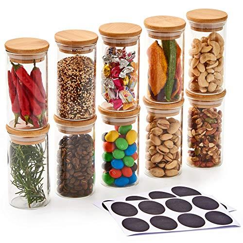 EZOWare 10 Bottles Glass Jar Set, Small Air Tight Canister Storage Containers with Natural Bamboo Lids and Chalkboard Labels for Kitchen, Bathroom, Home Decor, Party Favors (200ML)