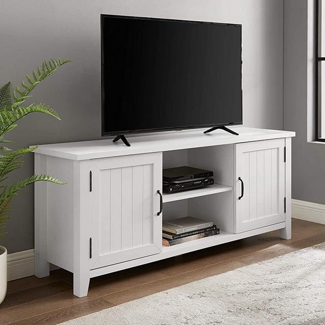 Walker Edison Modern Farmhouse Grooved Wood Stand with Cabinet Doors 65" Flat Screen Universal TV Console Living Room Storage Shelves Entertainment Center, 58 Inch, White