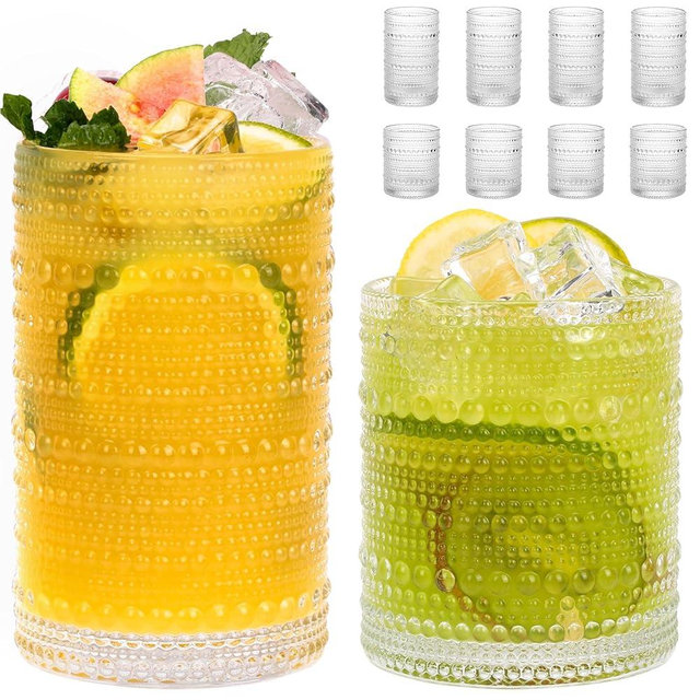 Moretoes 8 Pack Hobnail Drinking Glasses Set, 12 Oz Highball Glasses & 10 Oz Cocktail Glasses, Clear Embossed Water Glass Cups Kitchen Bar Tumbler Glassware Set for Whiskey, Beer, Juice, Milk