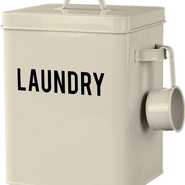 LA JOLIE MUSE Laundry Detergent Powder Storage Tin Box, Farmhouse Laundry Room Decor, 9 Inch High, Cream