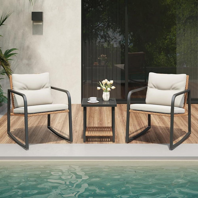 Verano Garden 3 Pieces Rocking Bistro Set,Small Wicker Patio Furniture Set, Outdoor Patio Rocking Chairs Set with 2-Tier Coffee Table, Wicker Patio Chairs Set for Porch,Balcony,Yard,Garden