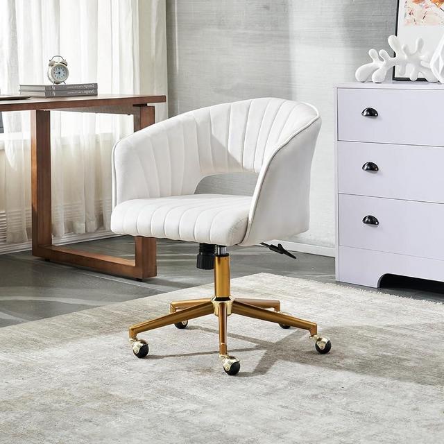 FENFSHE Home Office Chair Swivel Velvet Desk Chair, Upholstered Chairs with 360 Swivel Armchair and Gold Base,for Living Room, Bedroom, Vanity, Study (Cream)