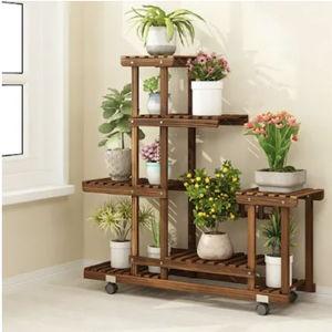 6 Tier Multi-Tiered Solid Wood Plant Stand with Wheels