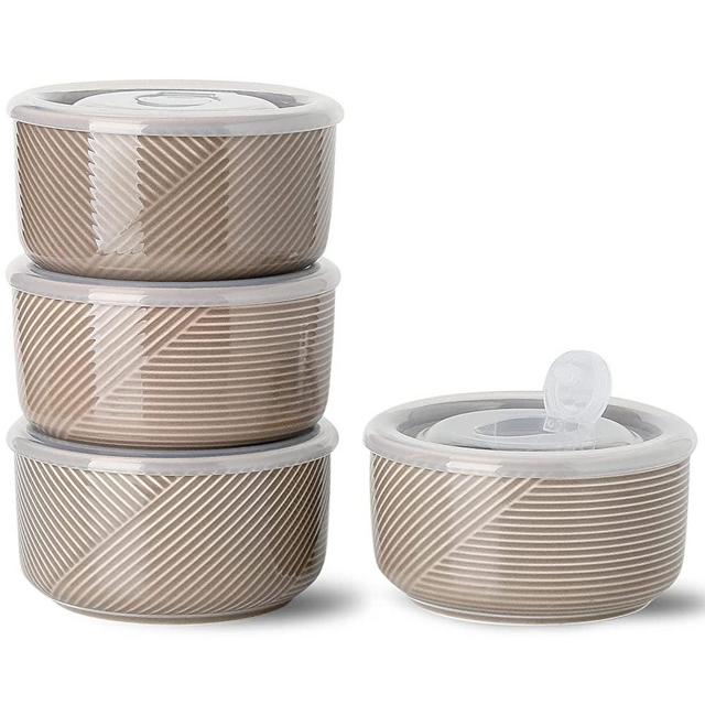 Adewnest Ceramic Bowl with Lid: 5 Inch Bowls with Lids for Work Lunch, Picnic - Food Storage Containers - Prep Bowls for Kitchen - Microwave Oven Safe Serving Bowls Set of 4, 20 oz (Brown)