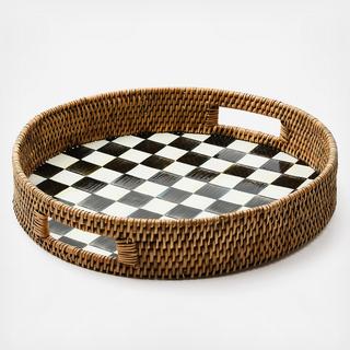 Courtly Check Enamel & Rattan Round Serving Tray