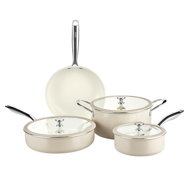 Pyrex 7-Piece Ceramic Cookware Set, Pots and Pans with Lids & Stainless Steel Handles, Healthy Nonstick Ceramic Coating, Induction Compatible Stainless Steel, PFAS Lead Cadmium BPA Free