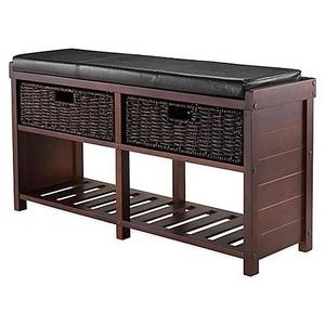 Winsome Trading Colin Cushion Bench with Baskets in Cappuccino