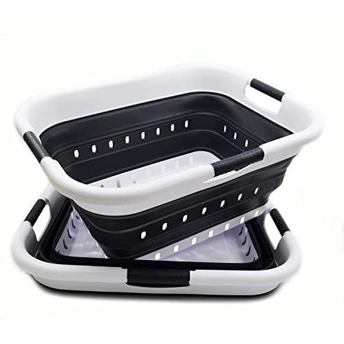 SAMMART Set of 2 Collapsible 3 Handled Plastic Laundry Basket - Foldable Pop Up Storage Container/Organizer - Portable Washing Tub - Space Saving Hamper/Basket (2, Black)