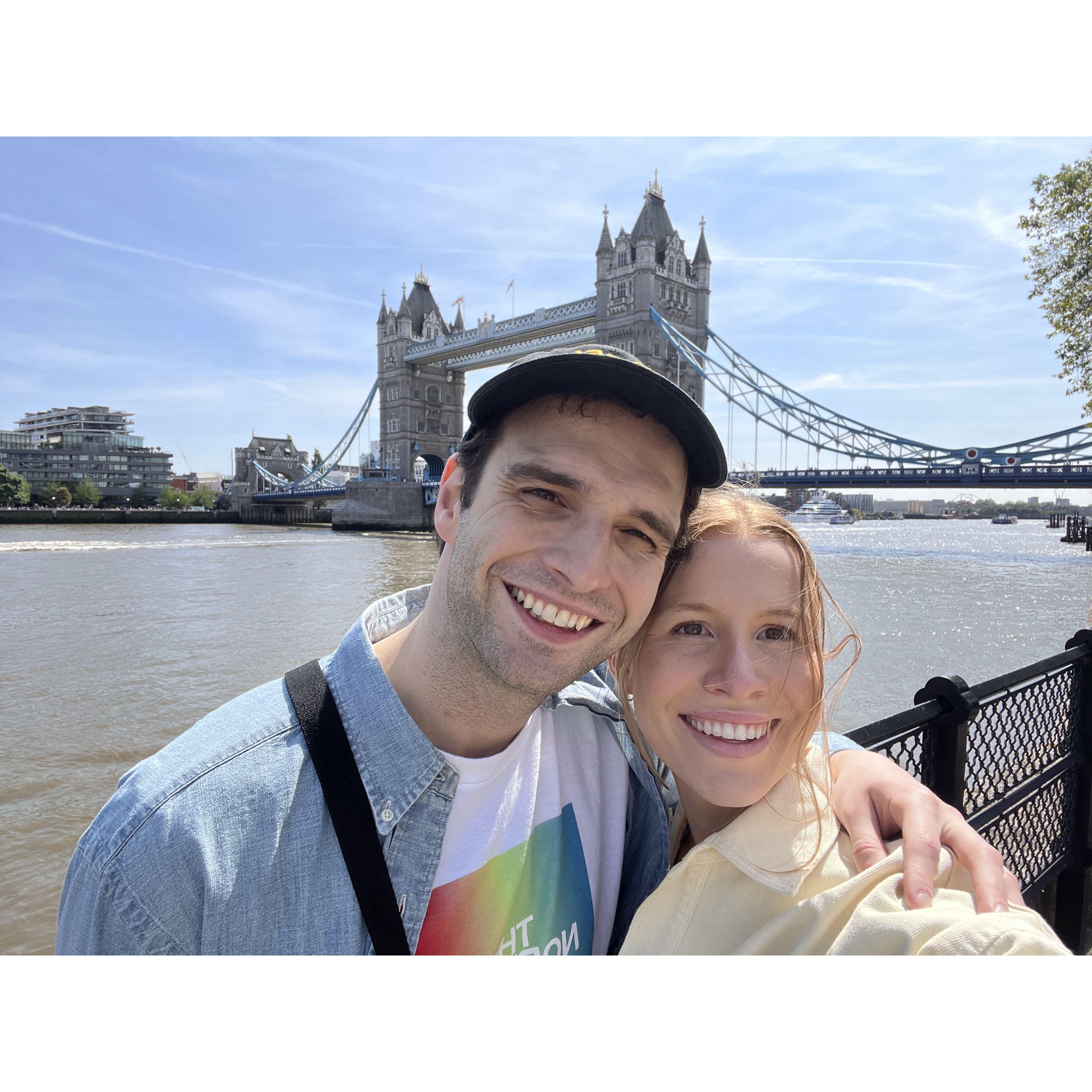 May 28th, 2023: London together, where we definitely were mindful of the gap. This picture follows a fun tour at the Tower of London.