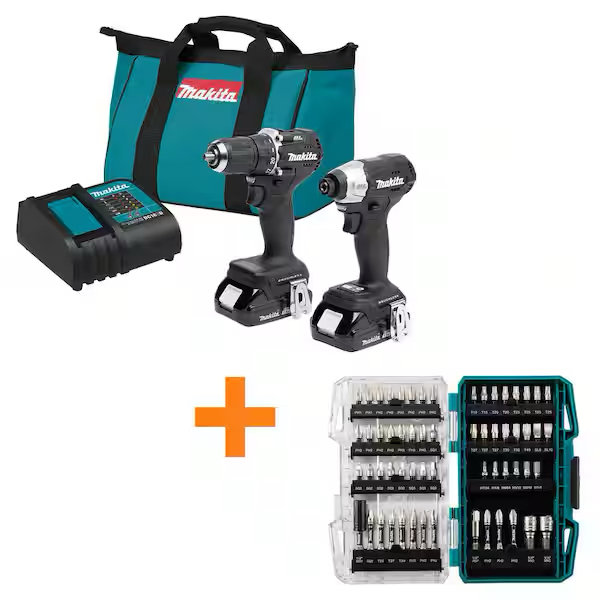 Makita 18V LXT Sub-Compact Brushless Cordless 2-pc Combo Kit 1. 5Ah with IMPACT XPS Impact Rated Drill Bit Set (60-Piece) CX203SYB-E01644