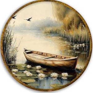 CUANFDDSF Vintage Rustic Farmhouse Round Wall Art, Nature Rowboat on Pond Framed Hanging Wall Decor, Cottagecore Lakeside Landscape Canvas Prints Decorations for Home Bedroom Living Room, 10x10 Inch
