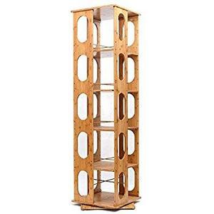 5 Tier 57.5" Natural Bamboo Bookshelf Revolving Bookcase,100% Natural Bamboo, 360 Rotating Organizer Cabinet Rack, Holds Up to 300 DVD's or books, spinning design, Removable adjustable divider