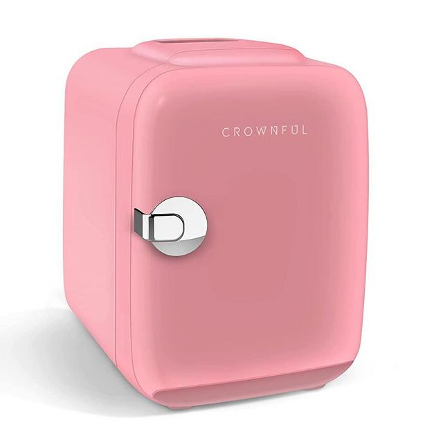 CROWNFUL Mini Fridge, 4 Liter/6 Can Portable Cooler and Warmer Personal Fridge for Skin Care, Cosmetics, Food，Great for Bedroom, Office, Car, Dorm, ETL Listed (Pink)