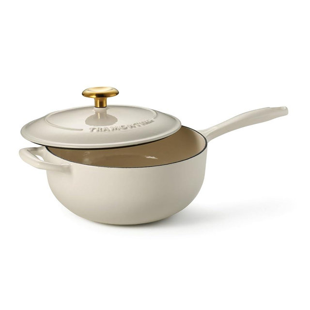 Tramontina Bestow Enameled Cast Iron Saucier Pan with Lid, 3-quart, Latte with Gold Knob