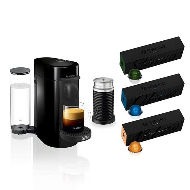 Nespresso VertuoPlus Coffee and Espresso Machine Bundle by De'Longhi with Aeroccino Milk Frother and BEST SELLING COFFEES INCLUDED