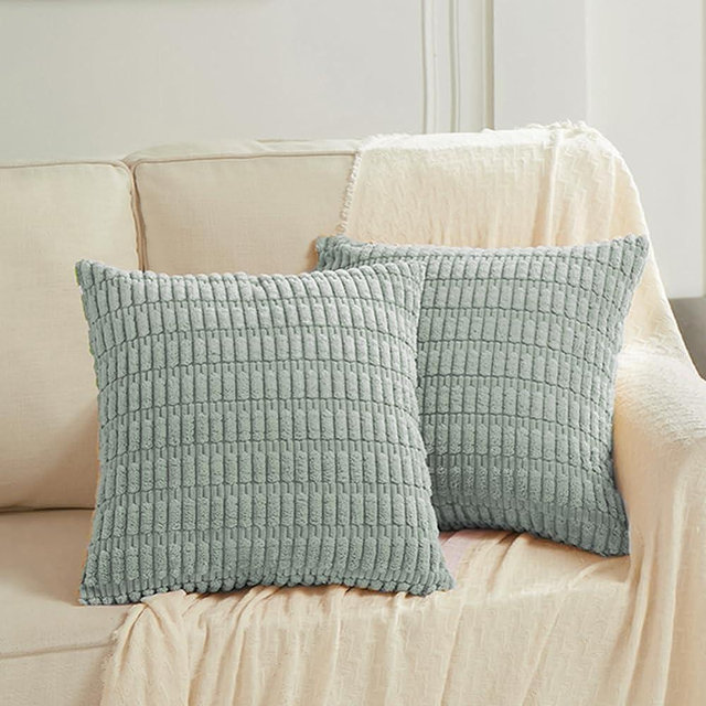 Fancy Homi 2 Packs Grey Blue Decorative Throw Pillow Covers 18x18 Inch for Living Room Couch Bed Sofa, Soft Striped Corduroy Square Cushion Case 45x45 cm, Rustic Farmhouse Boho Home Decor