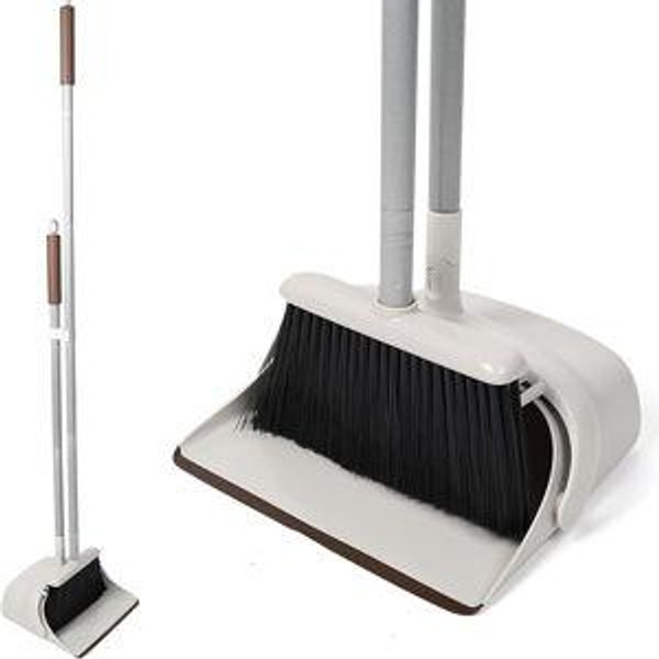 54" Long Handled Broom and Dustpan Set - Perfect Dust Pan and Brush Combo for Efficient Cleaning, Brown and White
