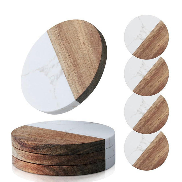 Coasters Set of 4 for Drinks,Marble-Wood Spliced Coaster for Tabletop Protection,Cup Holder Coasters for Multiple Cup Types,Coaster Set Gifts for Home Warmth