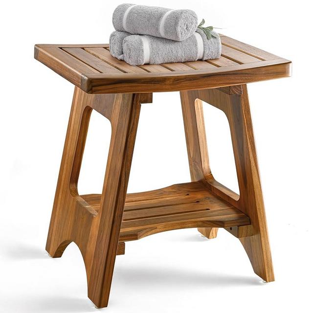 HOLANA 18" Teak Shower Bench for Inside Shower - 450LBS Capacity Wooden Shower Stool Benches Waterproof for Shaving Legs - Bench Seat with Storage Towel Shelf for Bathroom - Tub Bench Chair Spa Bath