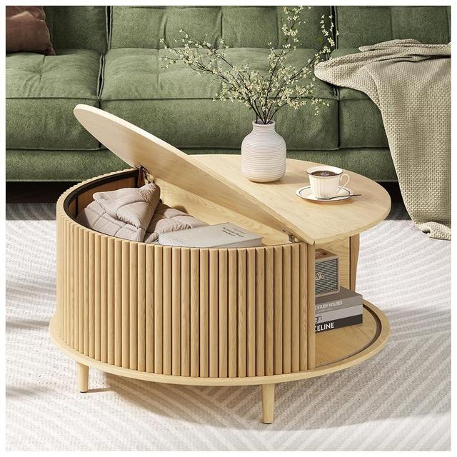 JOINICE,Round Coffee Table with Storage,Mid Century Modern Dining Table with Sliding Cabinet Door for Living Room,Home Small Space,31.5" Small Center Table,Oak