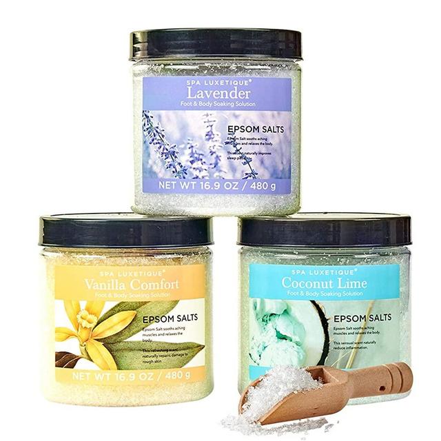 Spa Luxetique Epsom Salt Soaking Solution, Bath Salts for Muscle Soreness and Foot Soaking Solution. Bath Salt Gift Set in Lavender, Coconut, Vanilla Scent with Wooden Scoop. 3pack,16.9oz each.