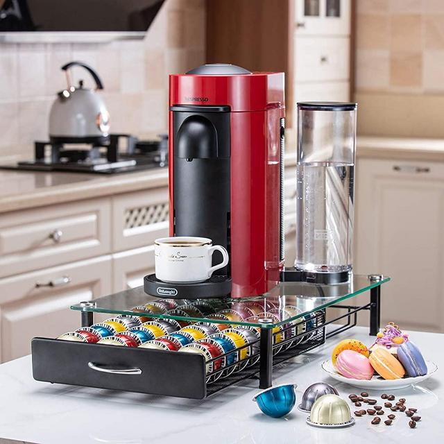 Flagship Nespresso VertuoLine Coffee Pod Holder Storage Drawer for Capsules Single Serve Coffee Pods with Glass Desktop, Mesh Shelves (40 Pods)