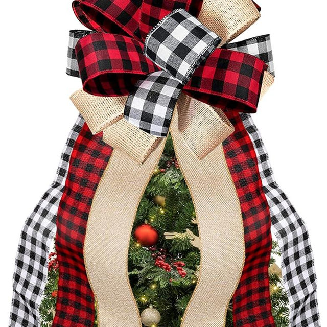 Fvviia Christmas Tree Topper Large Buffalo Plaid Burlap Red and Black Gift Bow for Xmas Tree Handmade Holiday Party Decorations-13 x 29 Inch