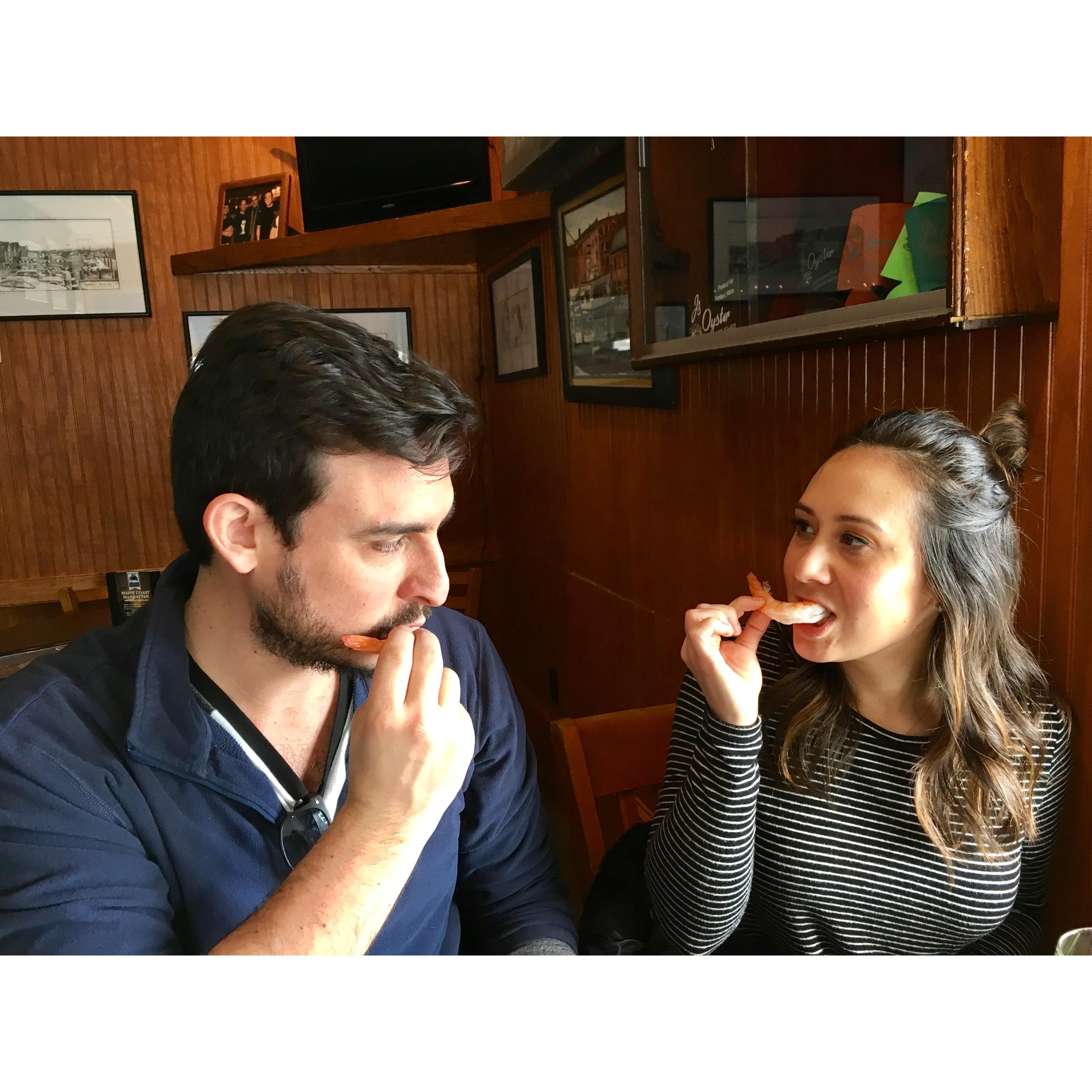 Adam's first shrimp ever in Maine