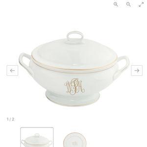Signature Monogram Gold White Covered Vegetable Bowl by Pickard China 12" L 7.5" W